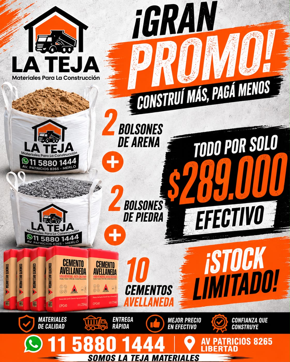 PROMO 1 Promo **1** 2 bolsones de arena + 2 bolsones de piedra + 10 cementos - Imagen 1