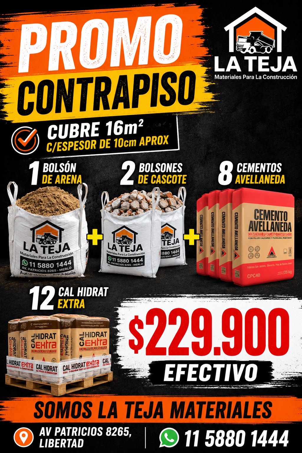 PROMO CONTRAPISO Promo Contrapiso 1 bolson arena + 2 bolsones cascote + 8 cementos +12 cal - Imagen 1