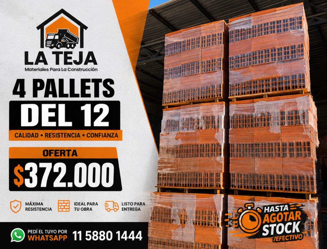PROMO PALLETS HUECOS 12 19-06 Promo 4 Pallets huecos 12x18x33 9T 1ra calidad - Imagen 1